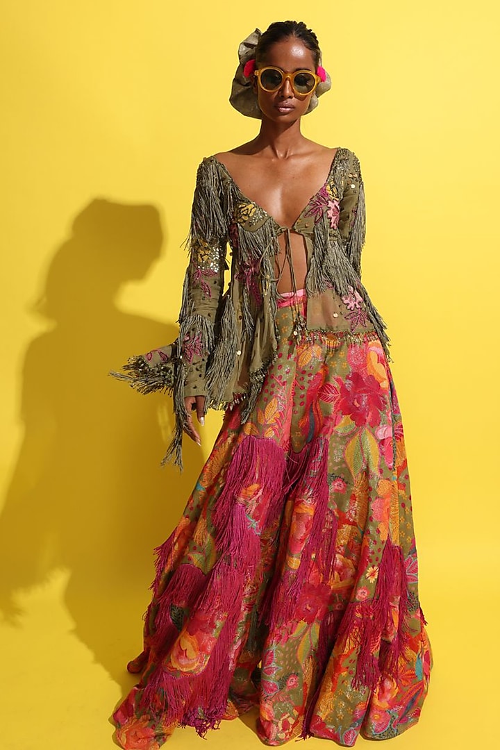 Olive Lurex & Organza Applique Jacket Set by Rishi & Vibhuti at Pernia's Pop Up Shop