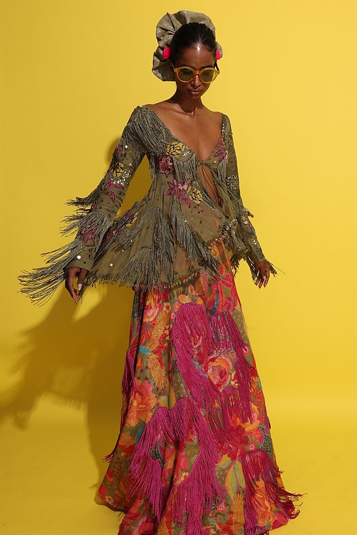 Olive Lurex & Organza Applique Jacket Set by Rishi & Vibhuti at Pernia's Pop Up Shop