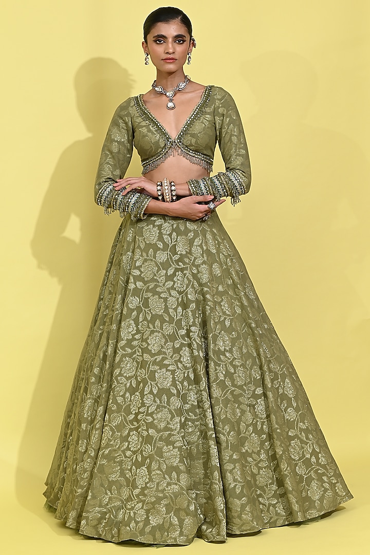 Olive Green Georgette Chanderi Hand Embroidered Wedding Lehenga Set by Rishi & Vibhuti at Pernia's Pop Up Shop