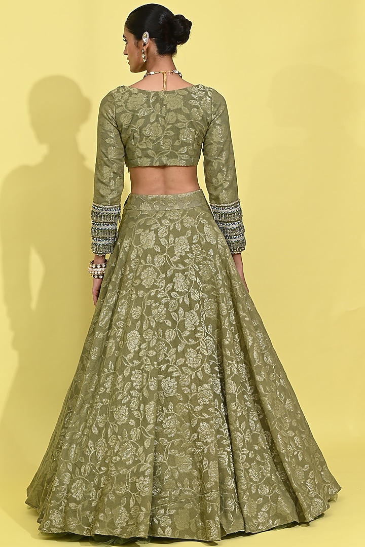 Olive Green Georgette Chanderi Hand Embroidered Wedding Lehenga Set by Rishi & Vibhuti at Pernia's Pop Up Shop