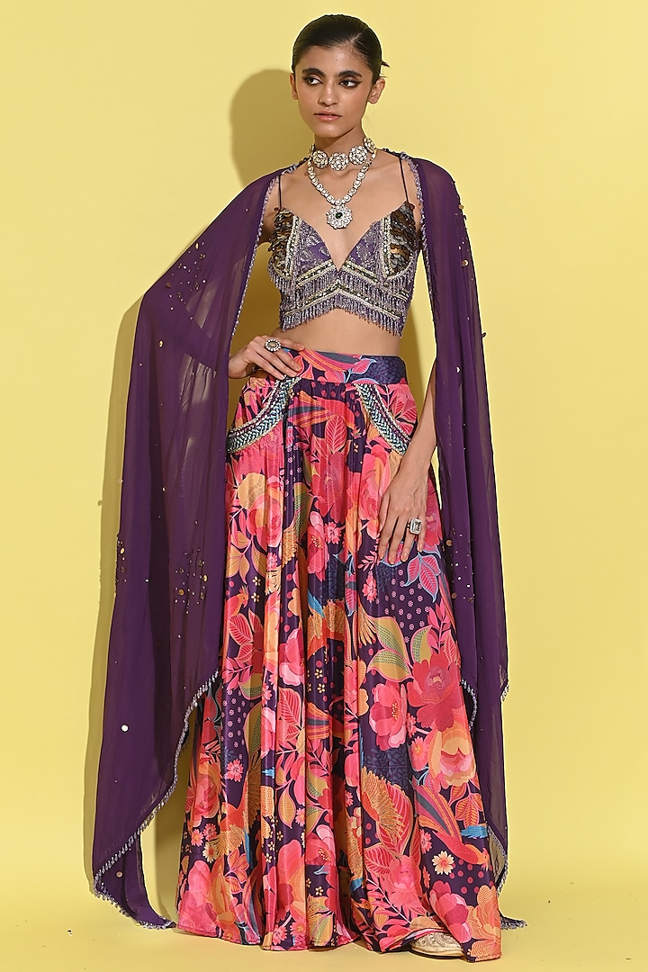 Purple Crepe & Organza Wedding Lehenga Set by Rishi & Vibhuti at Pernia's Pop Up Shop