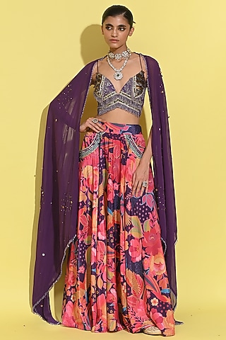 Purple Crepe & Organza Lehenga Set by Rishi & Vibhuti