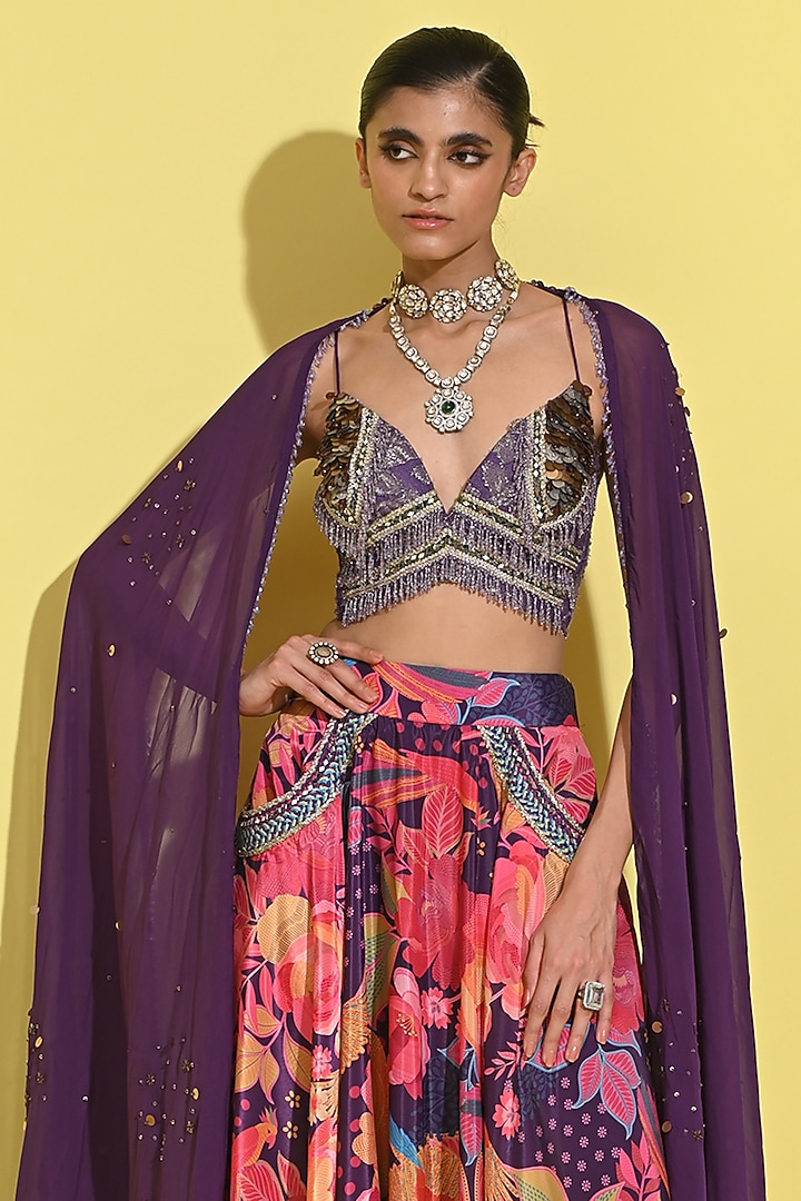 Purple Crepe & Organza Wedding Lehenga Set by Rishi & Vibhuti at Pernia's Pop Up Shop
