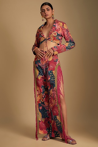 Multi-Colored Crepe Hand Embroidered Co-Ord Set by Rishi & Vibhuti