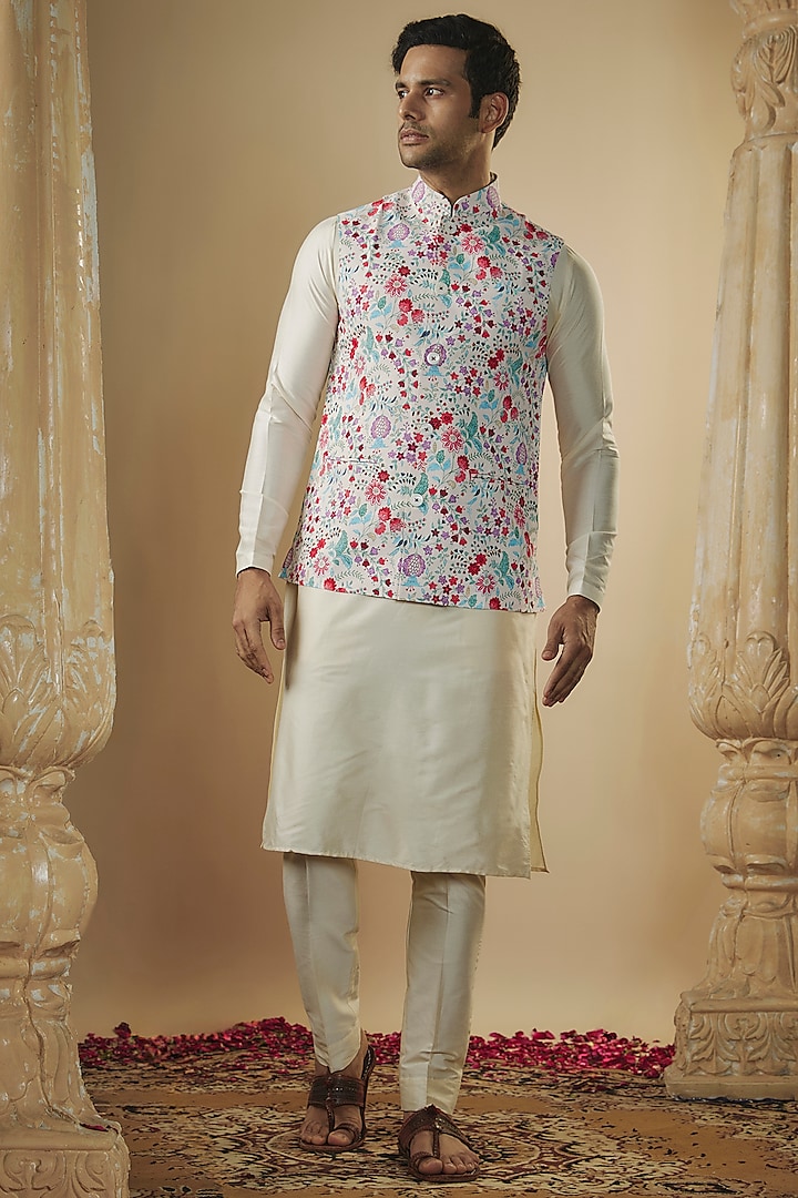 Daisy White Splendid Silk Digital Printed Nehru Jacket Set by RIYAASAT