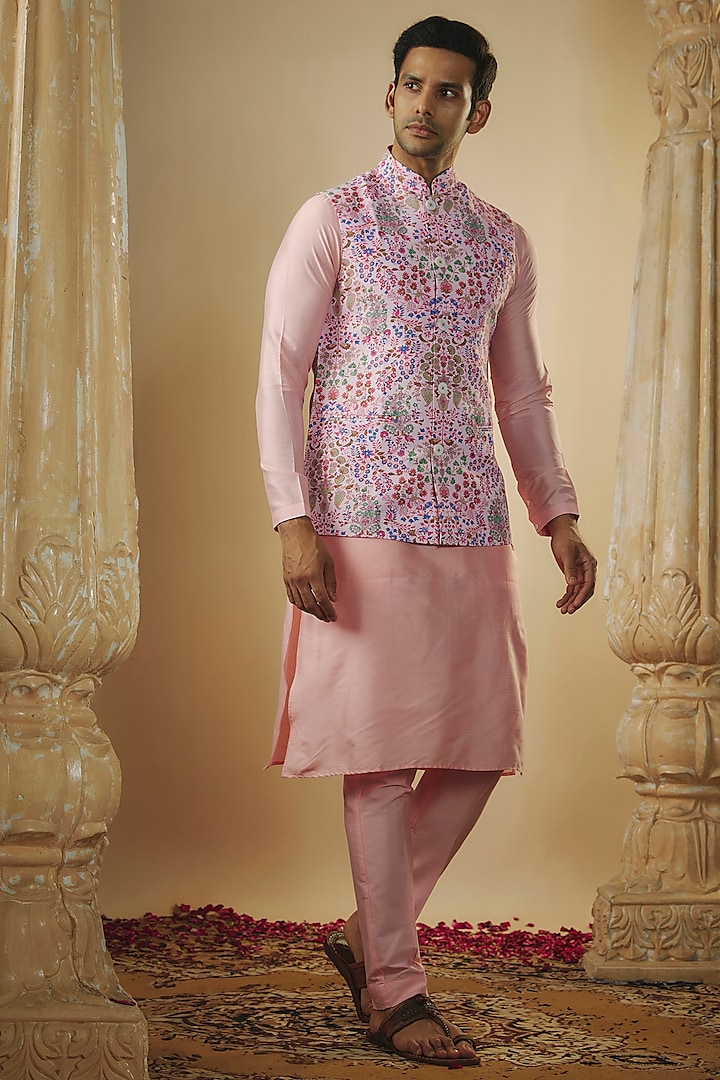 Ivory-Pink Splendid Silk Digital Printed Nehru Jacket Set by RIYAASAT