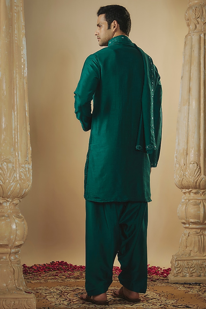 Bottle Green Art Silk Mirror Work Kurta Set by RIYAASAT at Pernia's Pop Up Shop