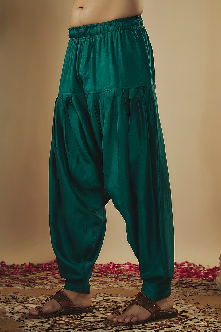 Bottle Green Art Silk Mirror Work Kurta Set by RIYAASAT at Pernia's Pop Up Shop
