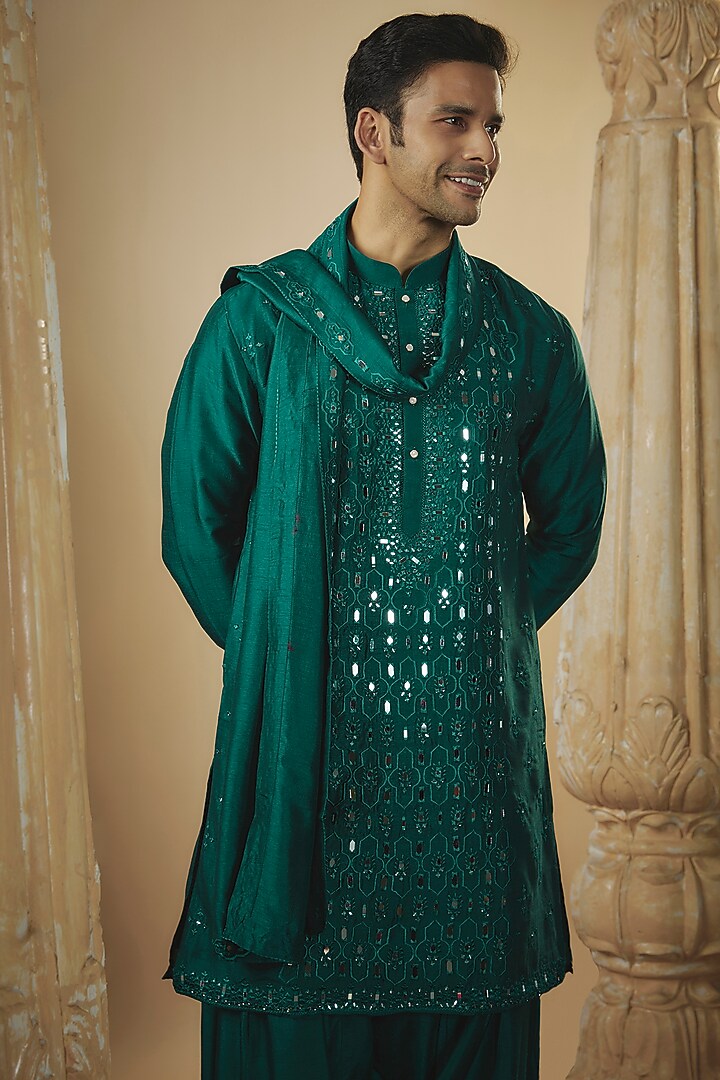 Bottle Green Art Silk Mirror Work Kurta Set by RIYAASAT at Pernia's Pop Up Shop