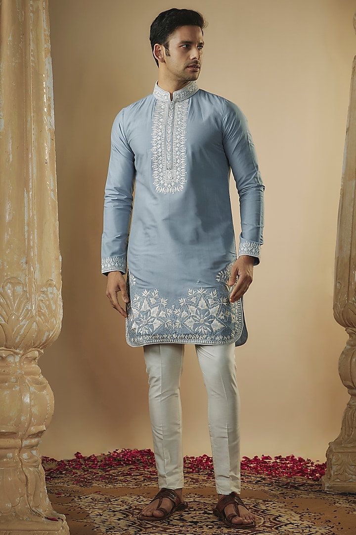 Pastel Blue Art Silk Resham Embroidered Kurta Set by RIYAASAT