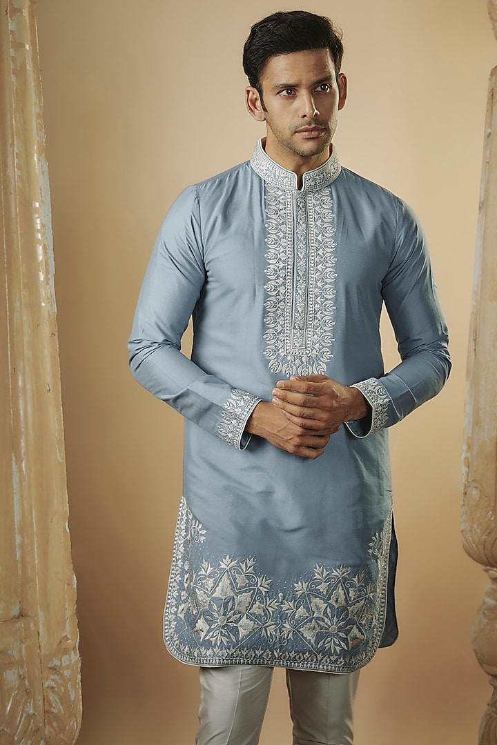 Pastel Blue Art Silk Resham Embroidered Kurta Set by RIYAASAT at Pernia's Pop Up Shop