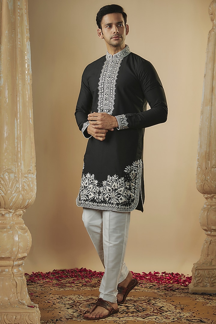 Coal Black Art Silk Resham Embroidered Kurta Set by RIYAASAT