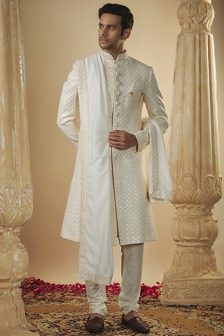 Cream-White Lucknowi Fabric Sequins Work Sherwani Set Design by ...