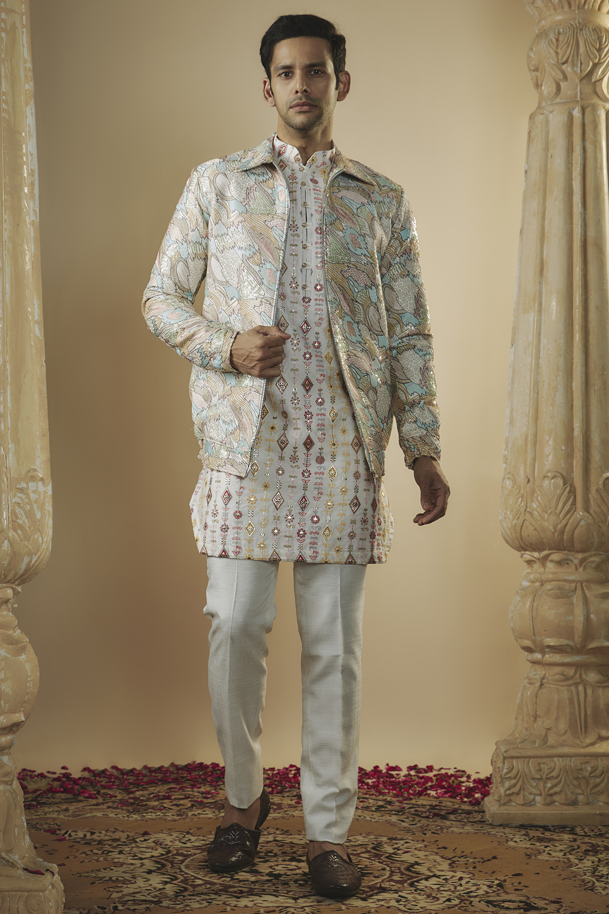 White Lucknowi Sequins & Resham Work Kurta Set With Bomber Jacket by RIYAASAT at Pernia's Pop Up Shop