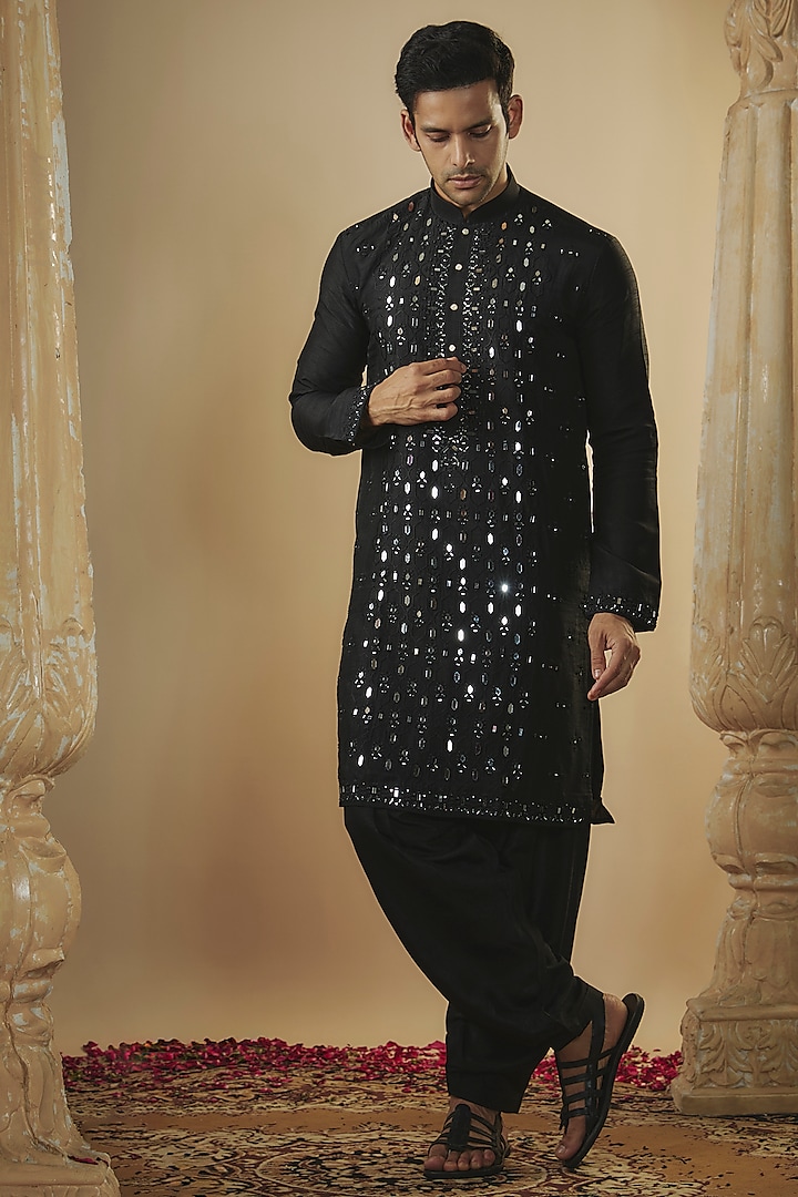 Raven Black Art Silk Mirror Embroidered Kurta Set by RIYAASAT