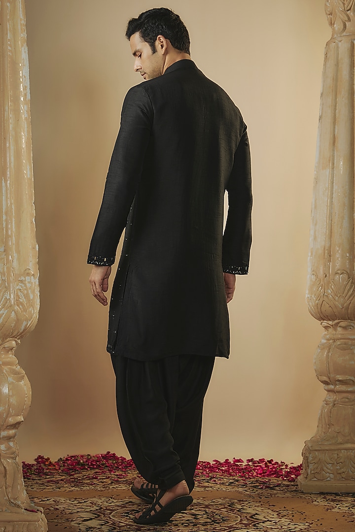 Raven Black Art Silk Mirror Embroidered Kurta Set by RIYAASAT at Pernia's Pop Up Shop