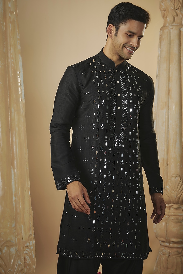 Raven Black Art Silk Mirror Embroidered Kurta Set by RIYAASAT at Pernia's Pop Up Shop