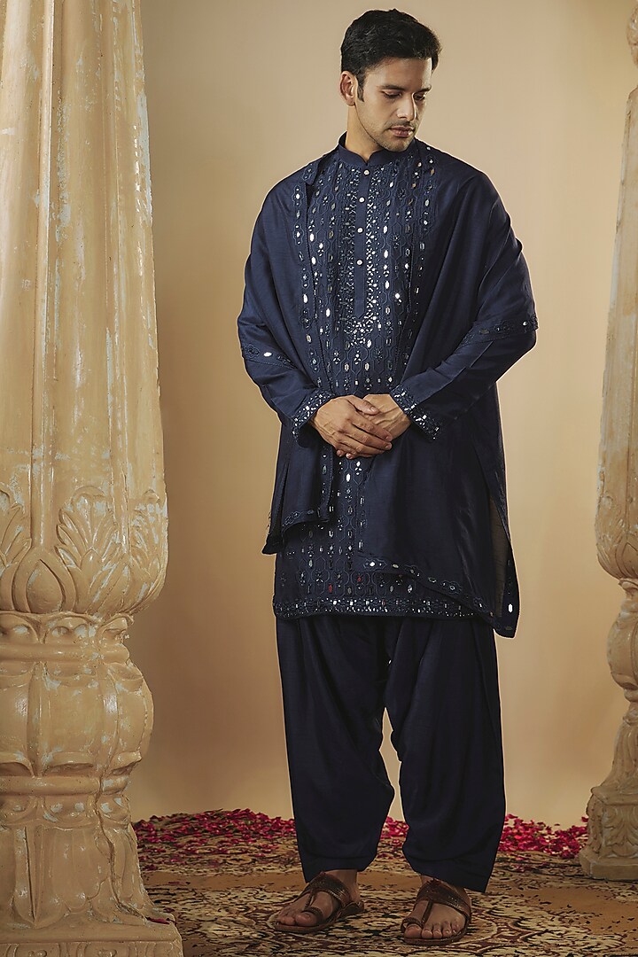 Navy Blue Kurta Art Silk With Mirror Work Aligadhi Pant main image 0