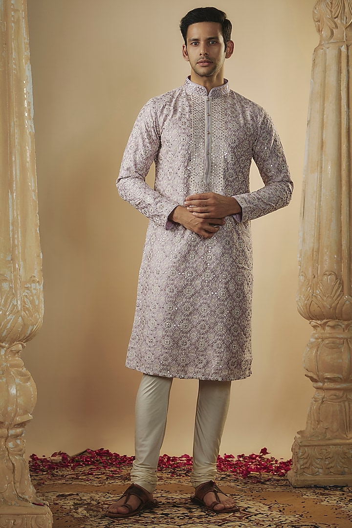 Light Lilac Art Silk Lucknowi Fabric Mirror Embellished Kurta Set by RIYAASAT