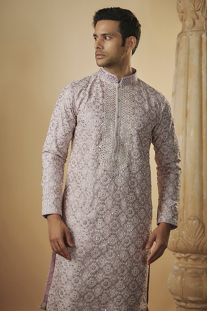 Buy Riyaasat Light Lilac Art Silk Lucknowi Fabric Mirror Embellished Kurta Set At Pernia 3950