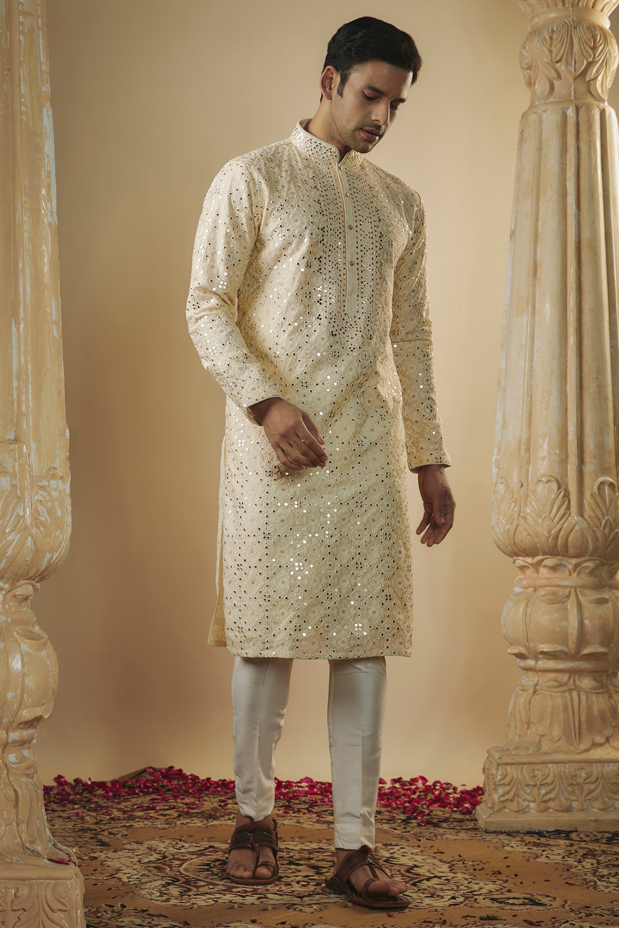 Charcoal Blue-Grey Short Kurta with Embroidered Jacket and Tapered Trousers  - GetEthnic