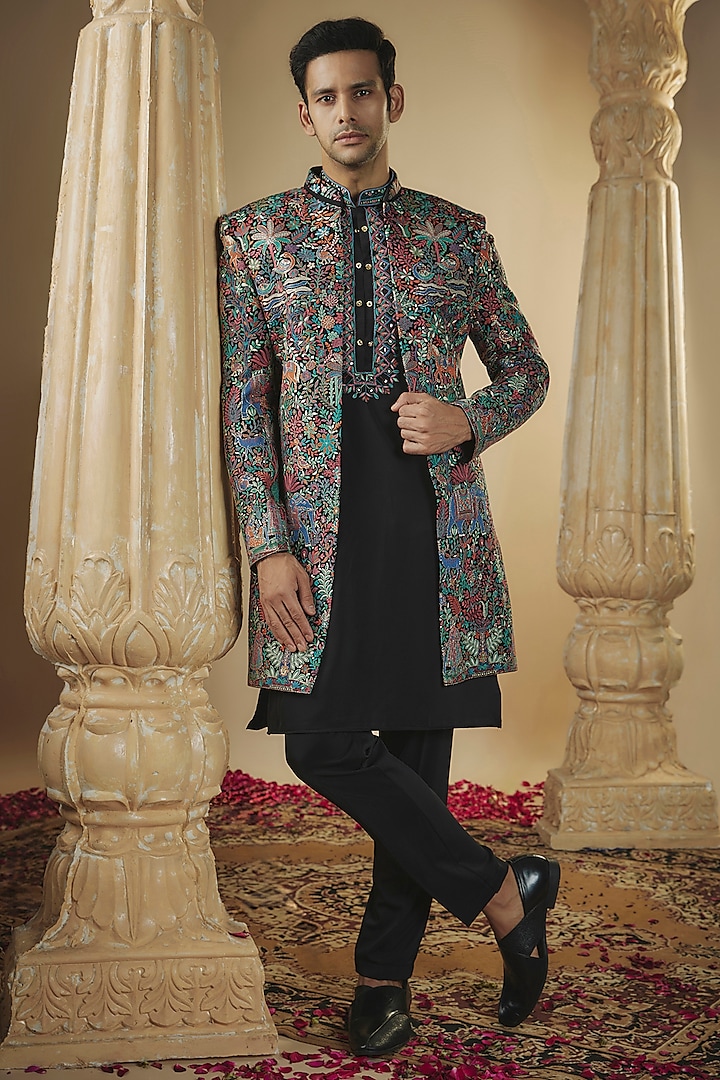 Multi-Colored Imported Fabric Resham Work Indowestern Set by RIYAASAT