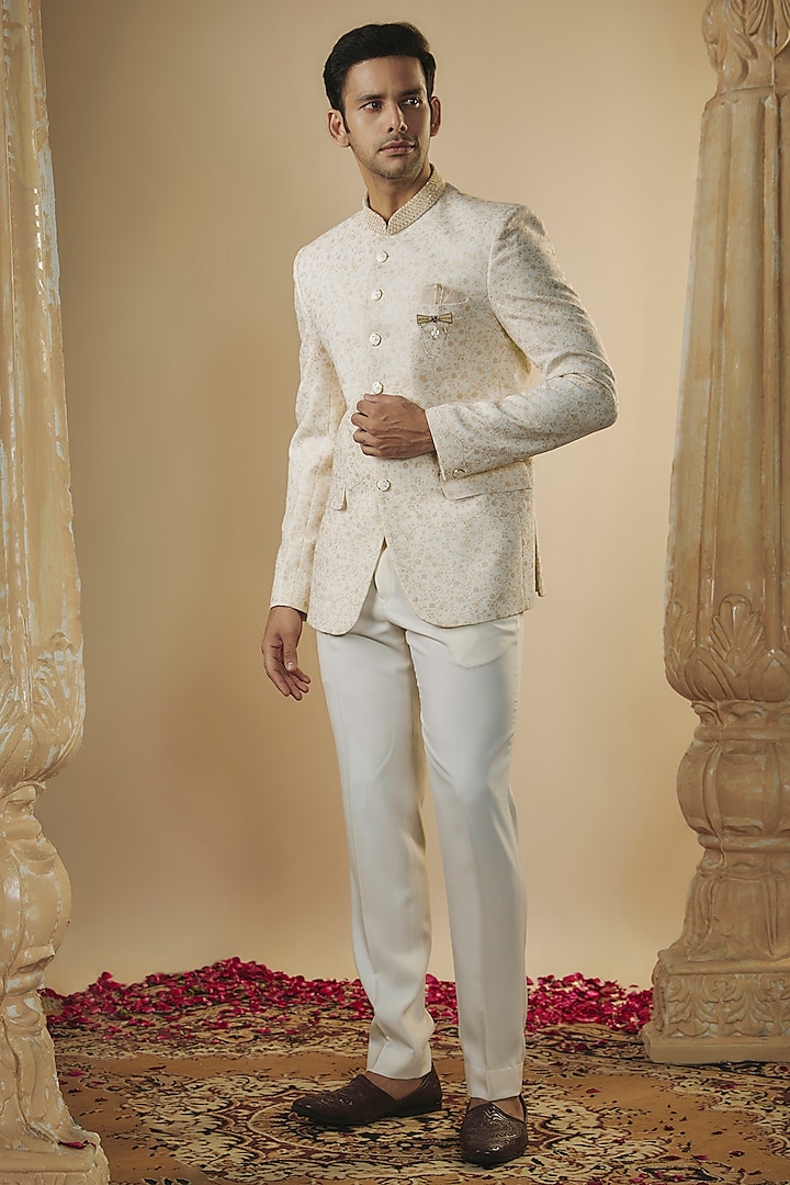 Beige-White Japanese Fabric Resham Work Jodhpuri Set by RIYAASAT