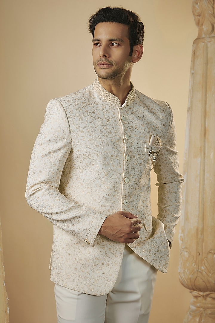 Beige-White Japanese Fabric Resham Work Jodhpuri Set by RIYAASAT at Pernia's Pop Up Shop