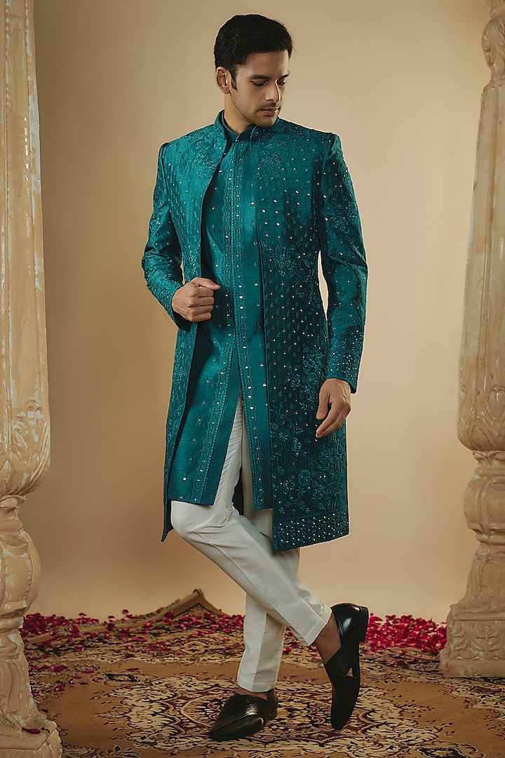 Teal Blue Art Silk Mirror Embellished Open Indowestern Set by RIYAASAT