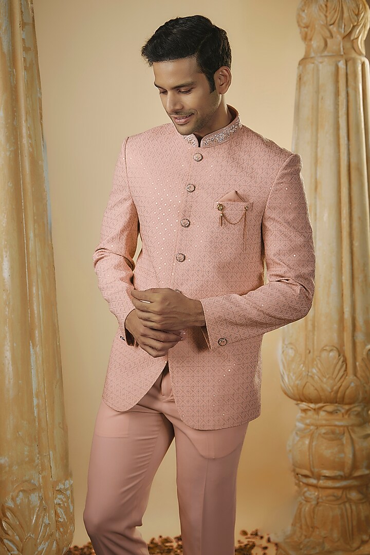 Nude Pink Japanese Fabric Sequins Work Jodhpuri Set by RIYAASAT at Pernia's Pop Up Shop