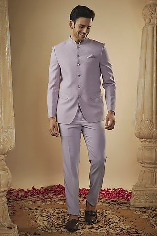 Fade Lilac Imported Jacquard Fabric Handwork Jodhpuri Set by RIYAASAT