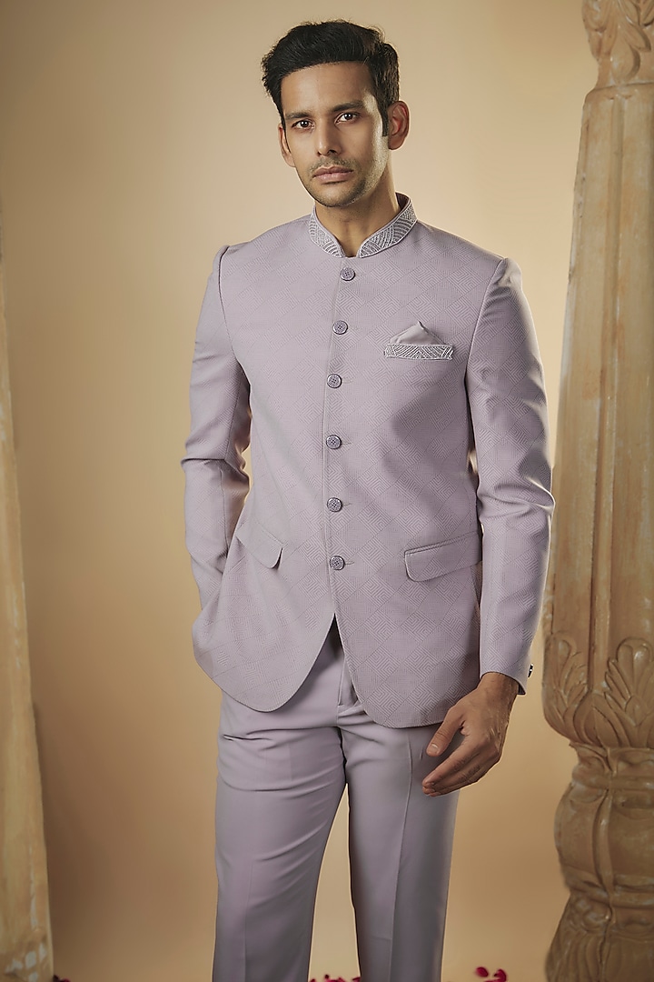 Fade Lilac Imported Jacquard Fabric Handwork Jodhpuri Set by RIYAASAT at Pernia's Pop Up Shop