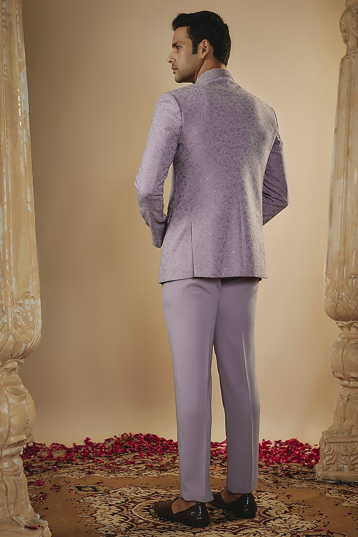 Pale Mauve Imported Jacquard Fabric Resham Embroidered Jodhpuri Set by RIYAASAT at Pernia's Pop Up Shop