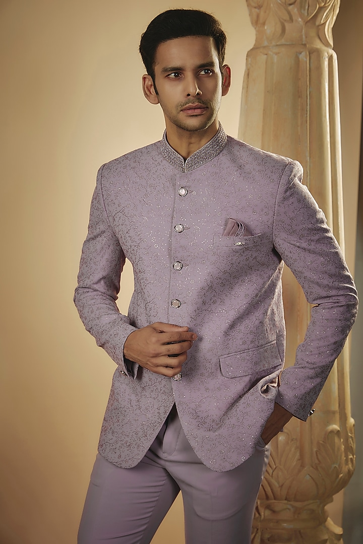 Pale Mauve Imported Jacquard Fabric Resham Embroidered Jodhpuri Set by RIYAASAT at Pernia's Pop Up Shop