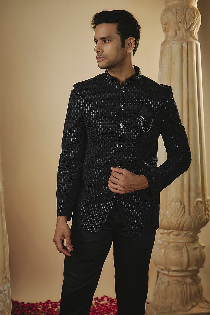 Ink Black Japanese Fabric Sequins Work Jodhpuri Set by RIYAASAT at Pernia's Pop Up Shop