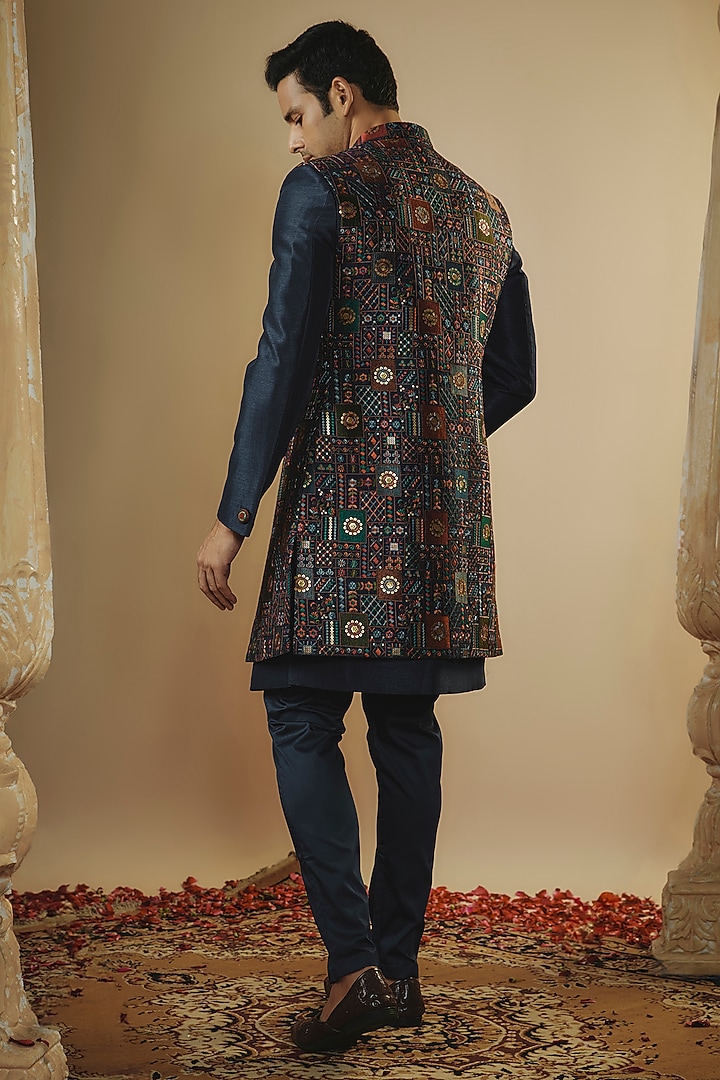LIGHT PEACH MIRROR AND RESHAM EMBELLISHED SILK OPEN INDOWESTERN SET main image 1