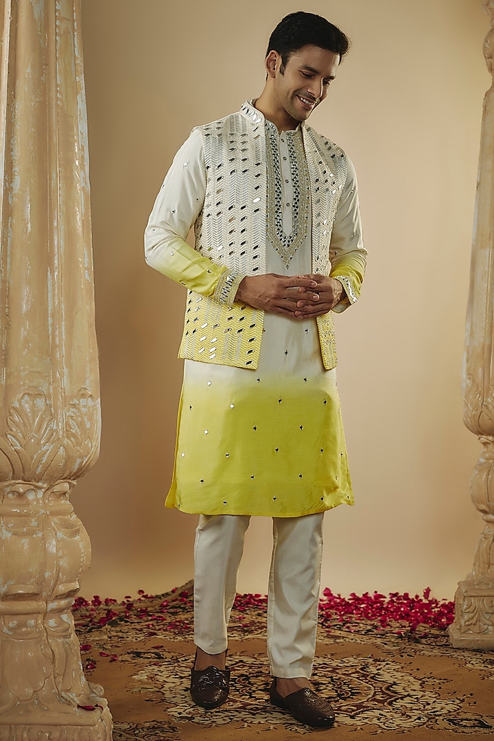 White & Yellow Ombre Lucknowi Fabric Mirror Embellished Indowestern Set by RIYAASAT