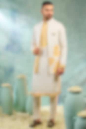 White & Yellow Silk Thread Embroidered Koti Set by RIYAASAT at Pernia's Pop Up Shop