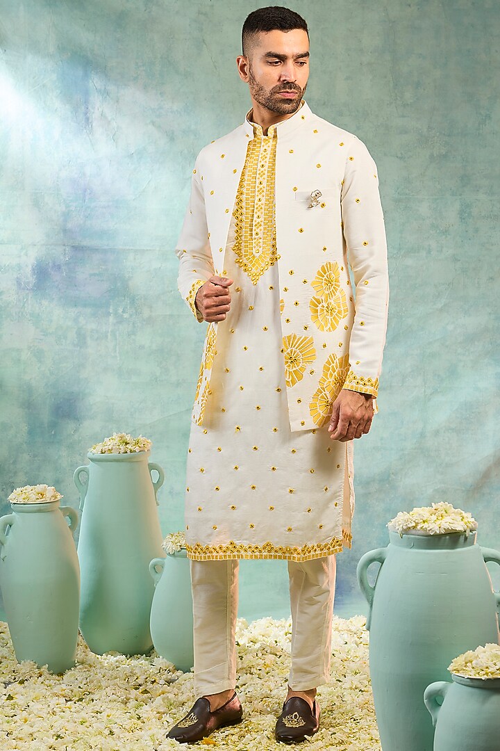 White & Yellow Silk Thread Embroidered Koti Set by RIYAASAT at Pernia's Pop Up Shop