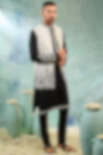 White & Black Silk Thread Embroidered Koti Set by RIYAASAT at Pernia's Pop Up Shop