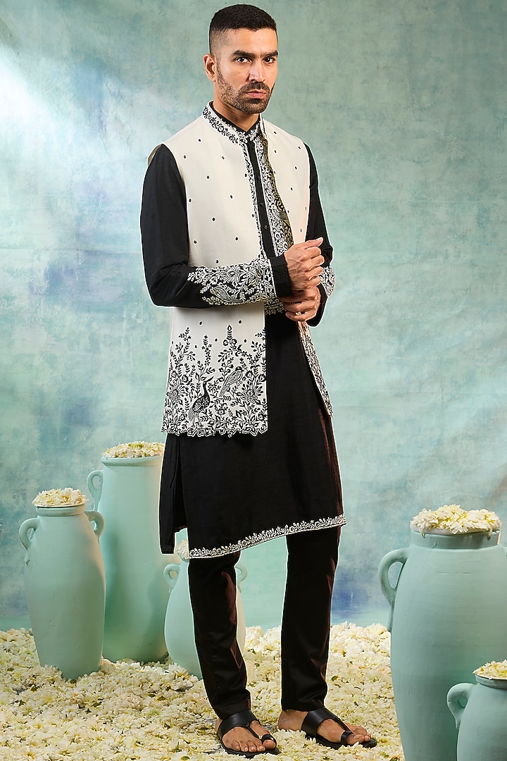 White & Black Silk Thread Embroidered Koti Set by RIYAASAT at Pernia's Pop Up Shop