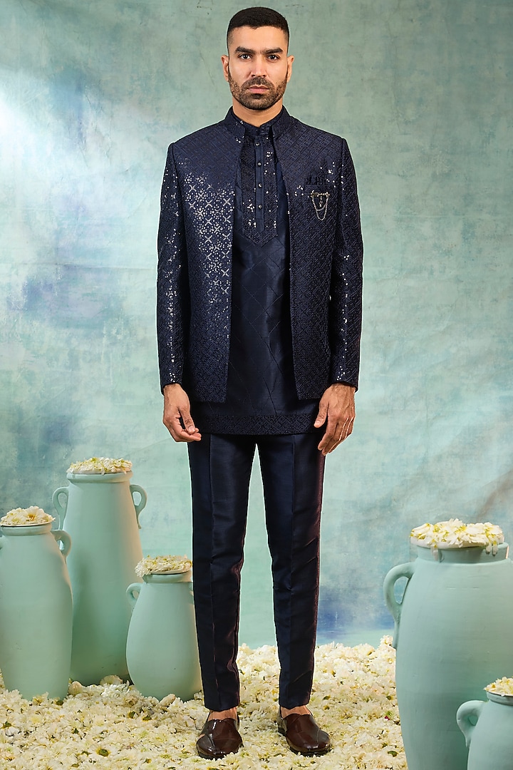 Deep Blue Silk Thread Embroidered Indowestern Set by RIYAASAT