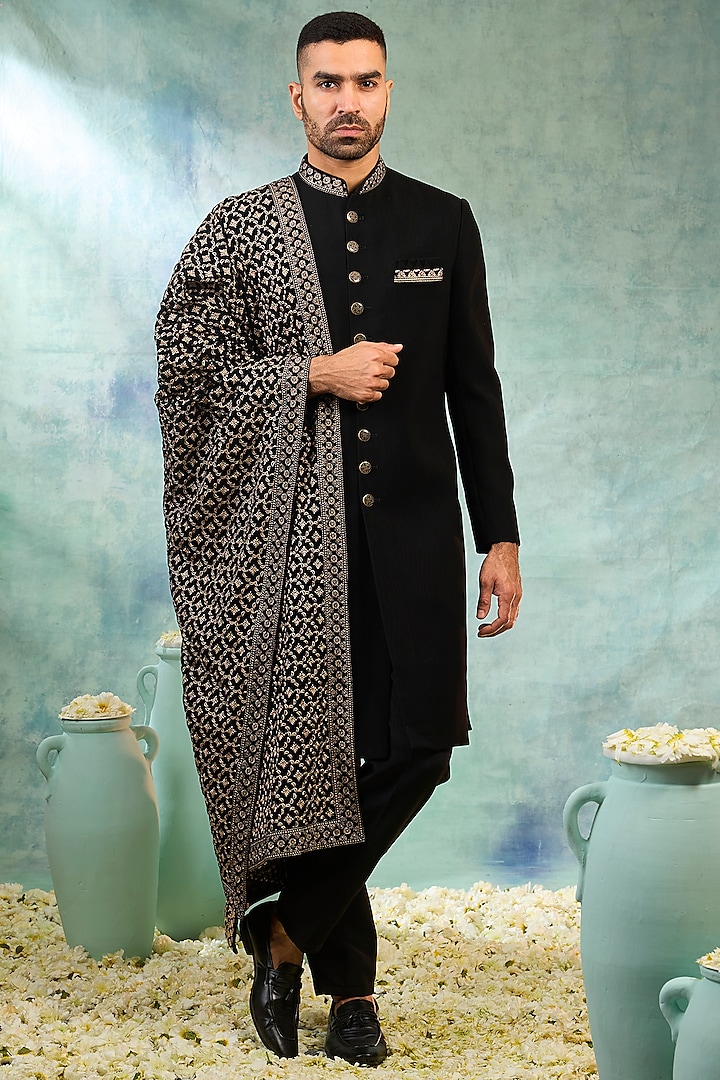 Black Suiting Embroidered Sherwani Set by RIYAASAT