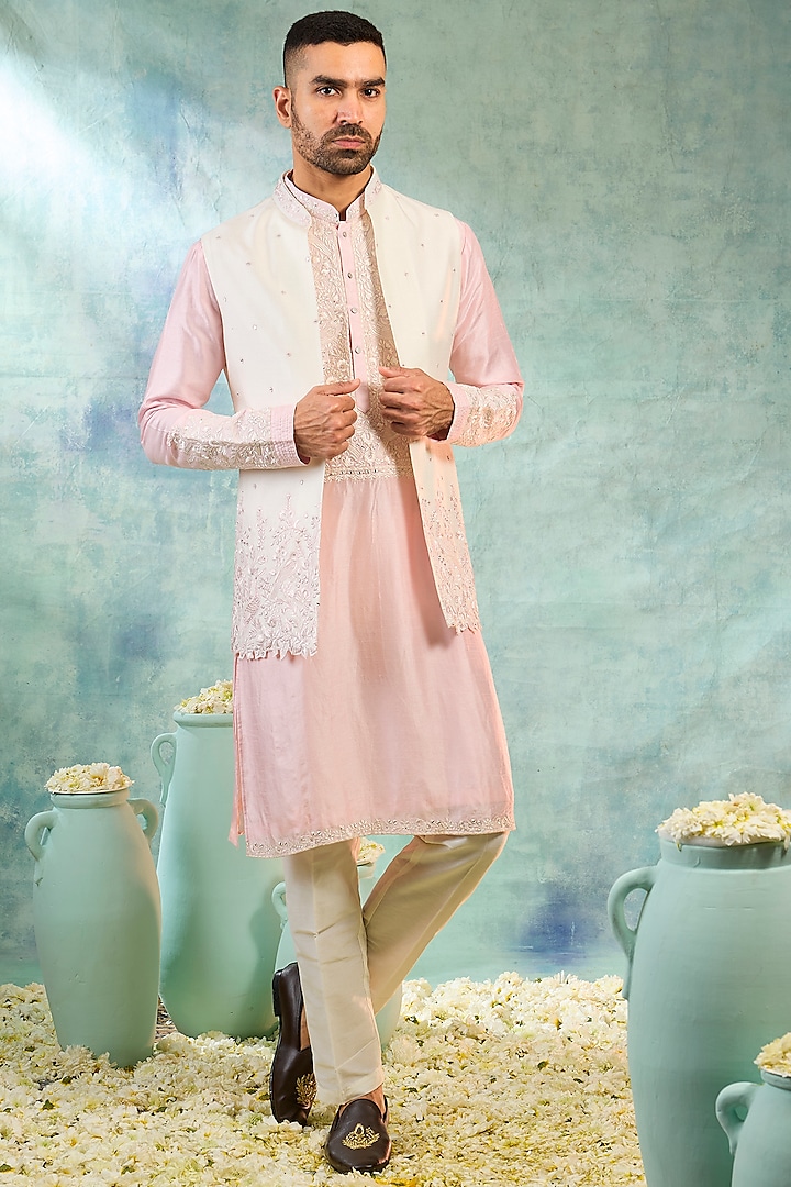 Light Pink Silk Thread Embroidered Koti Set by RIYAASAT