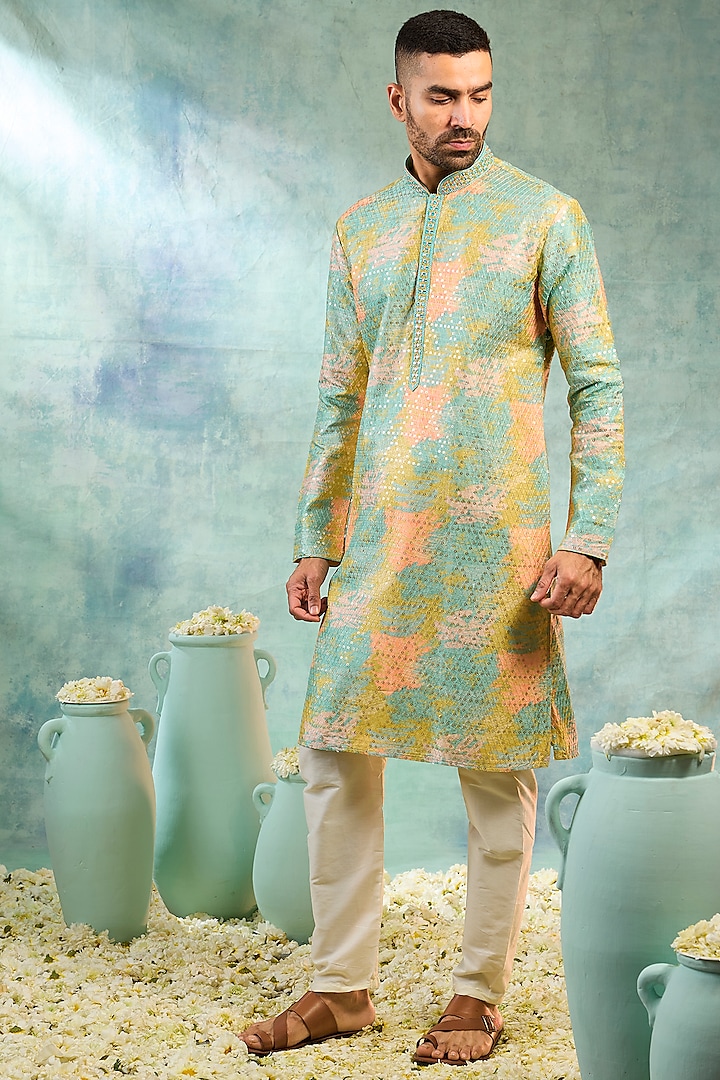 Peach Silk Thread Work Kurta Set by RIYAASAT