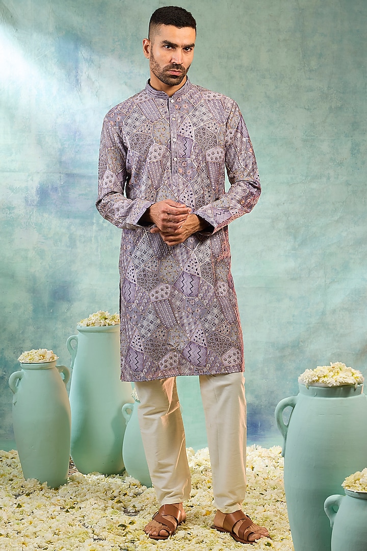 Purple Silk Thread Work Kurta Set by RIYAASAT