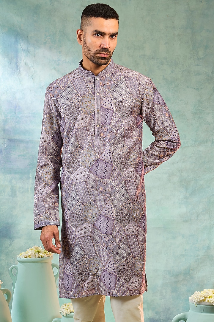 Purple Silk Thread Work Kurta Set by RIYAASAT at Pernia's Pop Up Shop