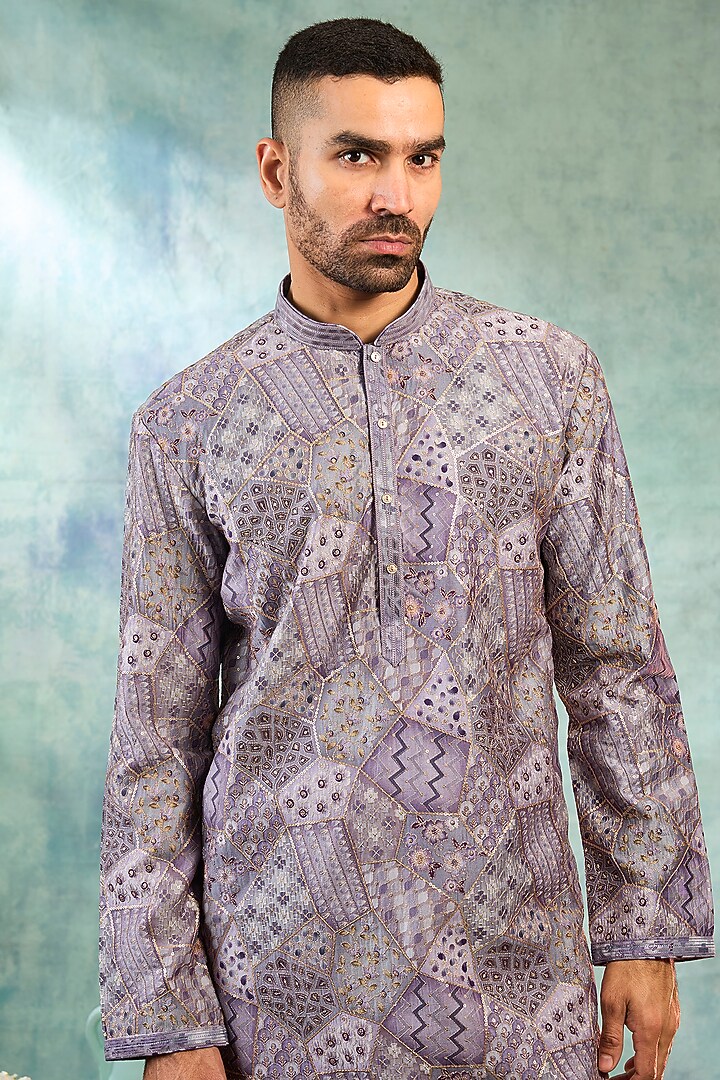 Purple Silk Thread Work Kurta Set by RIYAASAT at Pernia's Pop Up Shop