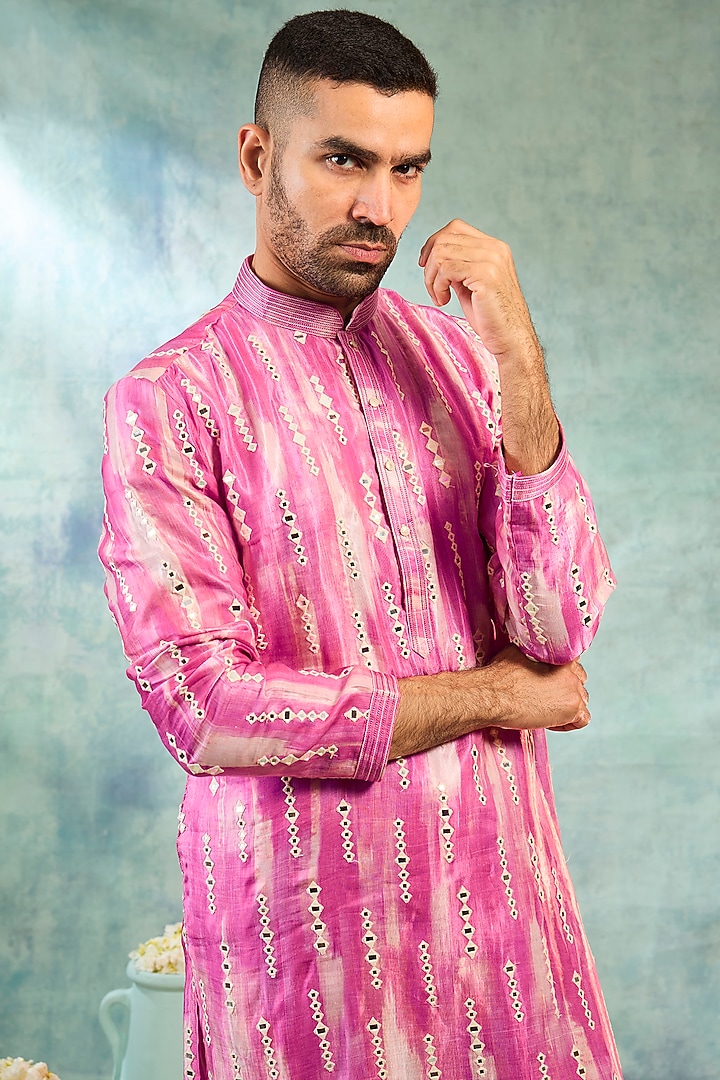 Pink Silk Thread Work Kurta Set by RIYAASAT at Pernia's Pop Up Shop