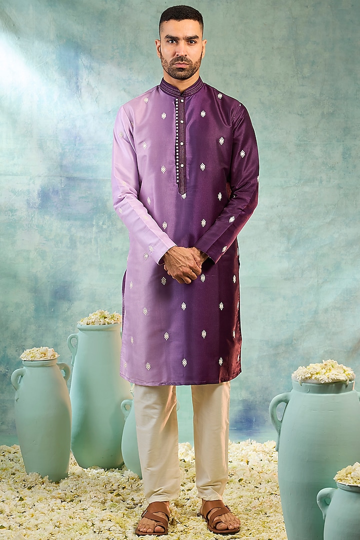 Purple Silk Boota Work Ombre Kurta Set by RIYAASAT